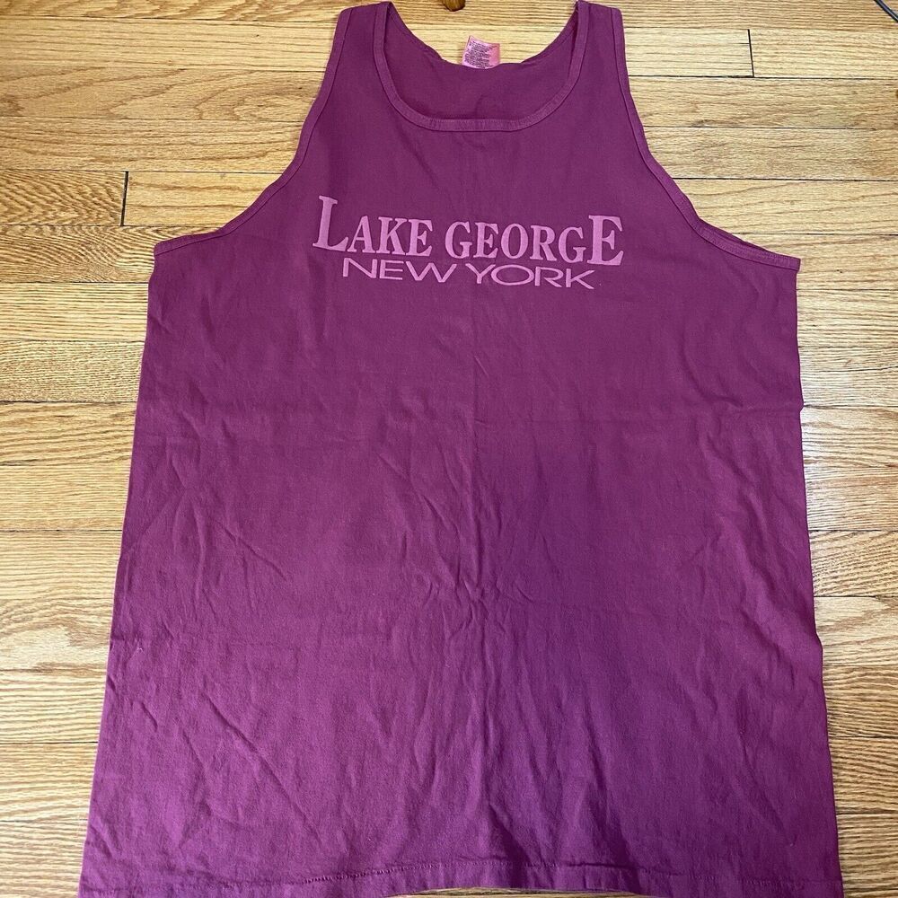 Vintage Lake George Shirt Mens M Red Spellout Sleeveless Oneita Tank Top NY XLT